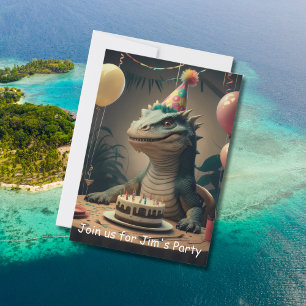 Komodo Dragon zit aan tafel met verjaardagstaart Kaart