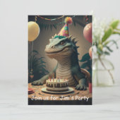 Komodo Dragon zit aan tafel met verjaardagstaart Kaart (Staand voorkant)