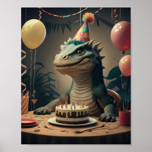 Komodo Dragon zit aan tafel met verjaardagstaart Poster (Voorkant)