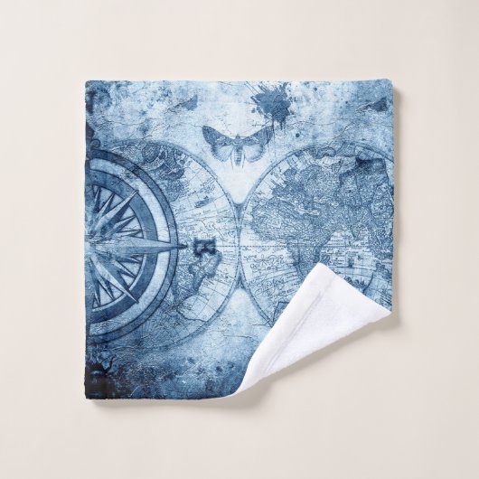  kompas | Blue Grunge Nautical Zee Chart Bad Handdoek (Wasdoekje)