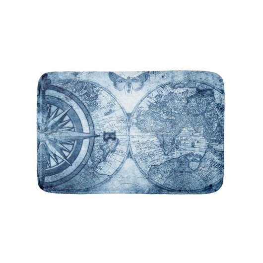 kompas | Blue Grunge Nautical Zee Chart Badmat (Voorkant)