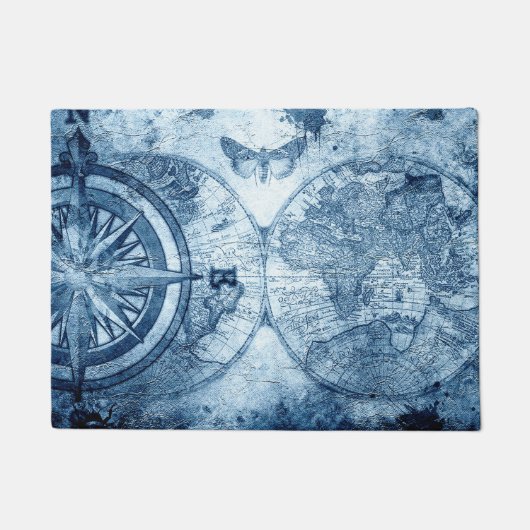  kompas | Blue Grunge Nautical Zee Chart Deurmat (Voorkant)