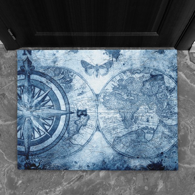  kompas | Blue Grunge Nautical Zee Chart Deurmat (Creator heeft geüpload)