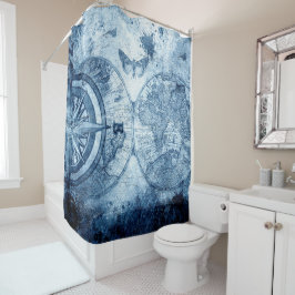  kompas | Blue Grunge Nautical Zee Chart Douchegordijn