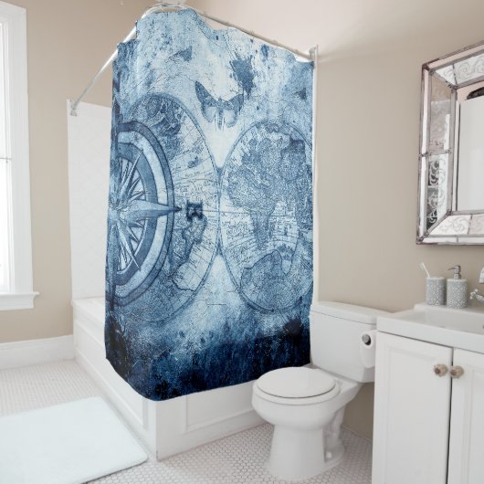  kompas | Blue Grunge Nautical Zee Chart Douchegordijn (In situ)