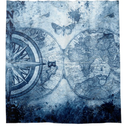 kompas | Blue Grunge Nautical Zee Chart Douchegordijn (Voorkant)