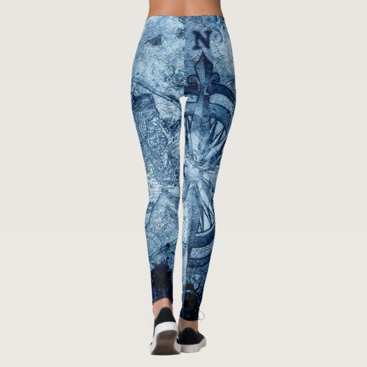  kompas | Blue Grunge Nautical Zee Chart Leggings (Achterkant)