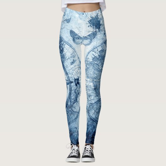 kompas | Blue Grunge Nautical Zee Chart Leggings (Voorkant)