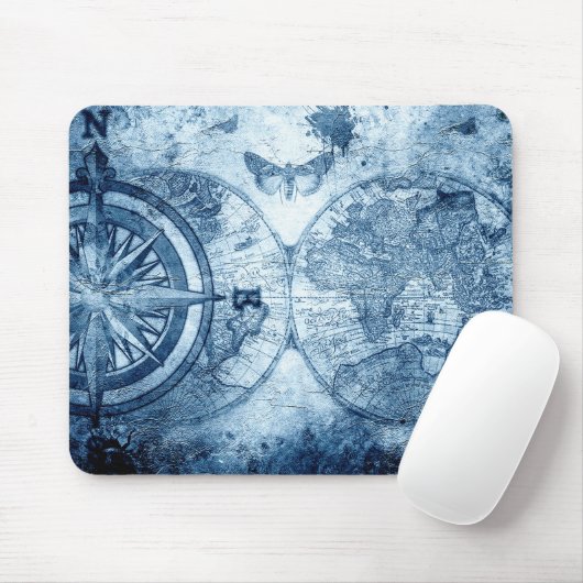 kompas | Blue Grunge Nautical Zee Chart Muismat (Met muis)