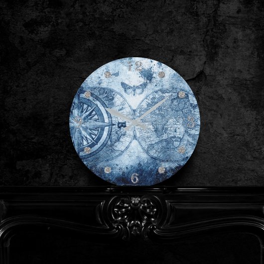  kompas | Blue Grunge Nautical Zee Chart Ronde Klok