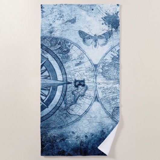  kompas | Blue Grunge Nautical Zee Chart Strandlaken (Voorkant)