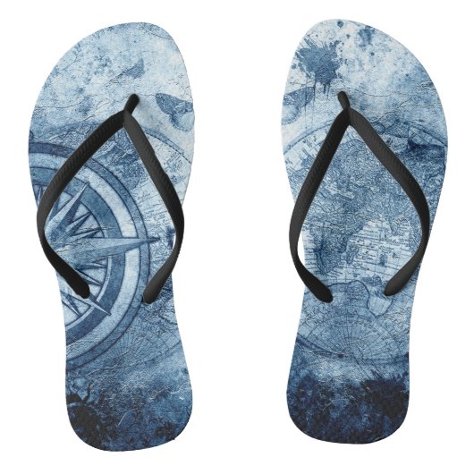 kompas | Blue Grunge Nautical Zee Chart Teenslippers (Voetbed)