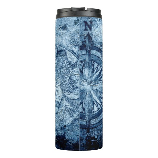  kompas | Blue Grunge Nautical Zee Chart Thermosbeker (Achterkant)