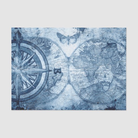 kompas | Blue Grunge Nautical Zee Chart Tissuepapier (Voorkant)