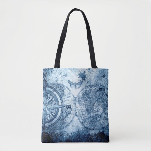  kompas | Blue Grunge Nautical Zee Chart Tote Bag (Voorkant)