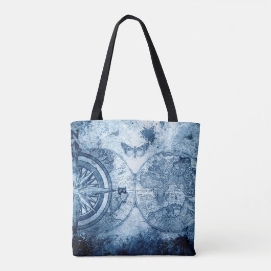  kompas | Blue Grunge Nautical Zee Chart Tote Bag (Achterkant)