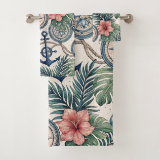 KOMPAS NAUTISCHE TROPISCHE BLOEMEN EN BLADEREN BAD HANDDOEK