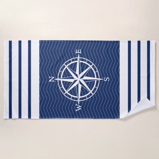Kompas op blauw met witte strepen strandlaken (Voorkant)