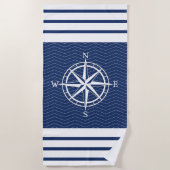 Kompas op blauw met witte strepen strandlaken (Voorkant)