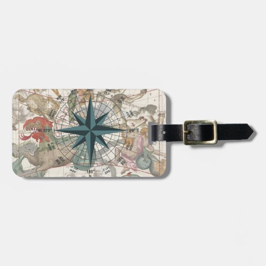 Kompas op een Oudere Kaart Bagagelabel (Voorkant horizontaal)