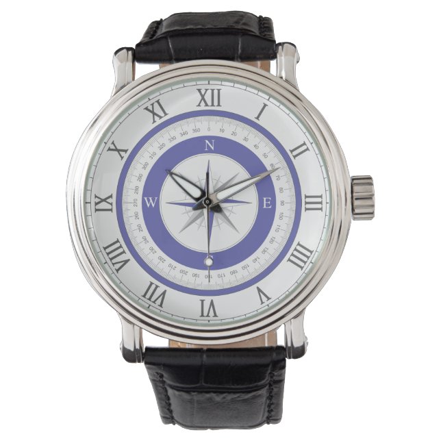 Kompas Roos Blauw Wit Nautisch Horloge (Voorkant)
