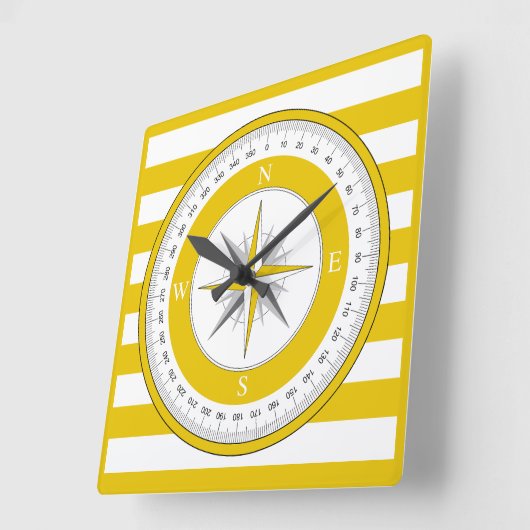 Kompas Roos geel en witte strepen Vierkante Klok (Hoek)