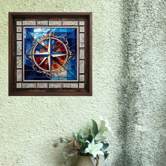Kompas Roos met Scroll Border gebrandschilderd-gla Tegeltje