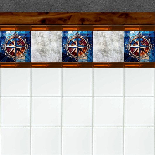 Kompas Roos met Scroll Border gebrandschilderd-gla Tegeltje