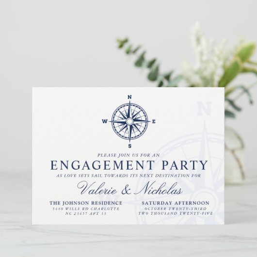 Kompas Roos | Nautical Engagement Party Uitnodigen Kaart (Staand voorkant)