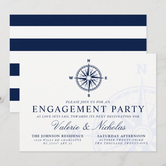 Kompas Roos | Nautical Engagement Party Uitnodigen Kaart (Voorkant / Achterkant)