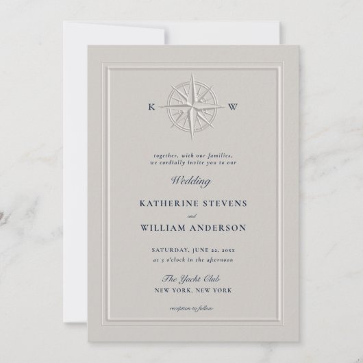 Kompas Roos Nautische Boot Formele Elegante Huweli Kaart (Voorkant)