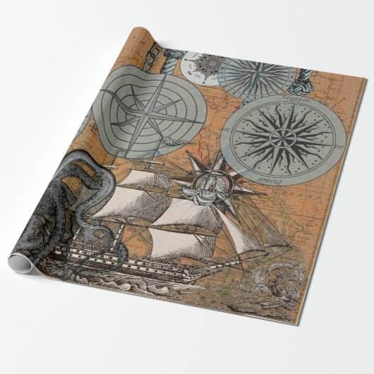 Kompas Roos  nautische octopus Cadeaupapier (Uitgerold)