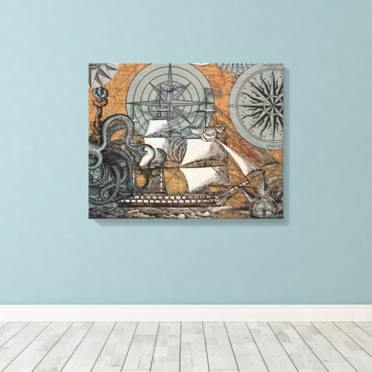 Kompas Roos nautische octopus Canvas Afdruk (Insitu (Houten vloer))