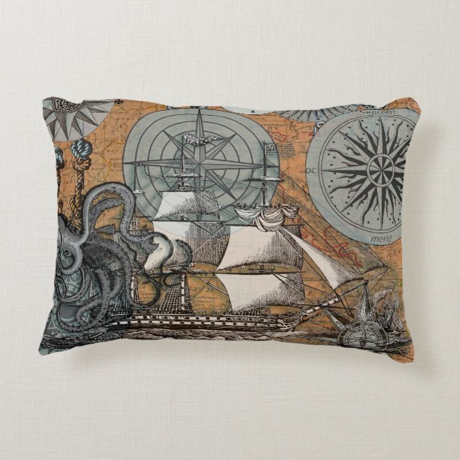 Kompas Roos  nautische octopus Decoratief Kussen (Achterkant)