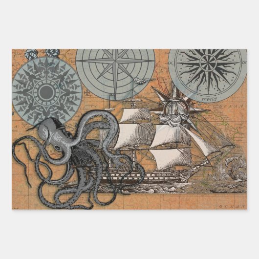 Kompas Roos  nautische octopus Inpakpapier Vel (Voorkant)