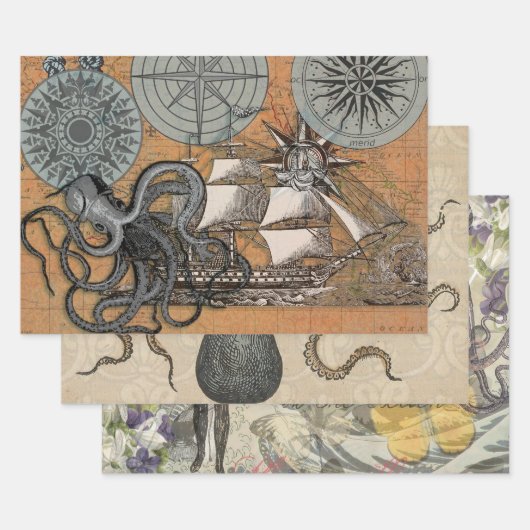 Kompas Roos  nautische octopus Inpakpapier Vel (Set)