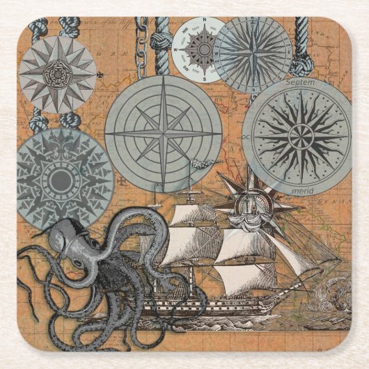 Kompas Roos  nautische octopus Kartonnen Onderzetters (Voorkant)