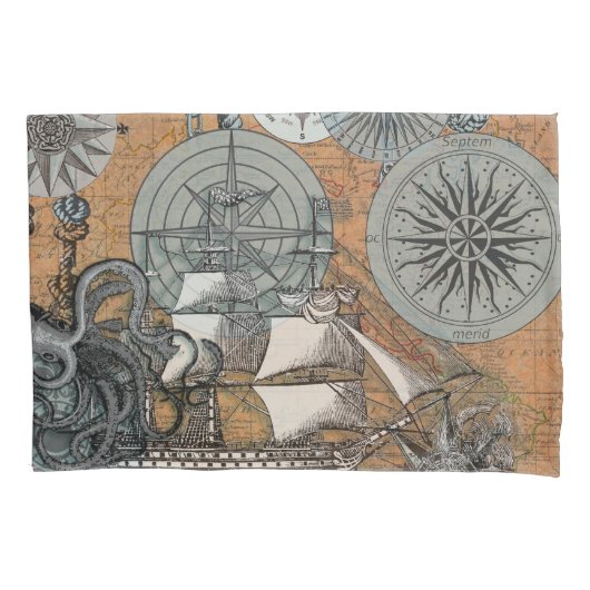 Kompas Roos  nautische octopus Kussensloop (Voorkant)