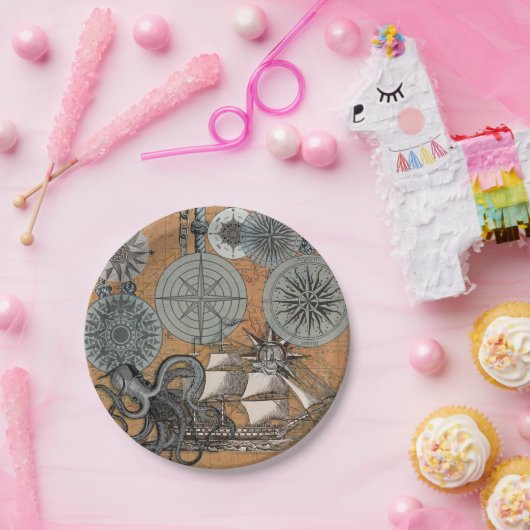 Kompas Roos  nautische octopus Papieren Bordje (Feest)