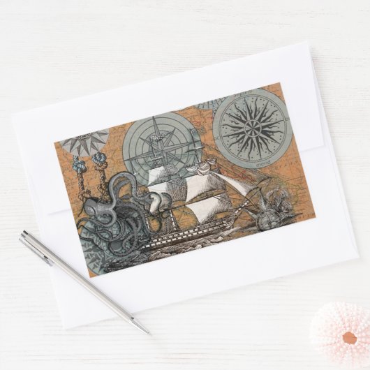 Kompas Roos  nautische octopus Rechthoekige Sticker (Envelop)