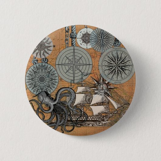 Kompas Roos  nautische octopus Ronde Button 5,7 Cm (Voorkant)