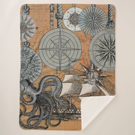 Kompas Roos  nautische octopus Sherpa Deken (Voorkant)