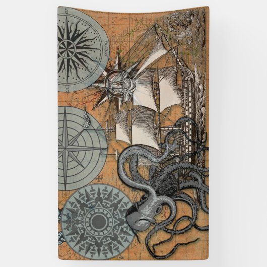 Kompas Roos  nautische octopus Spandoek (Verticaal)