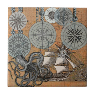 Kompas Roos  nautische octopus Tegeltje