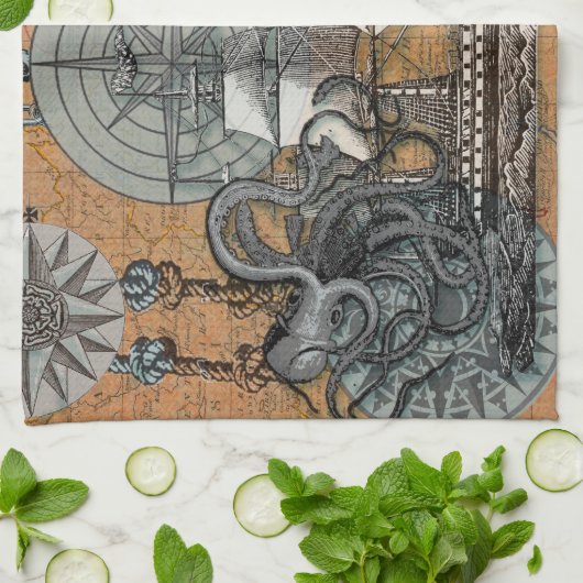 Kompas Roos nautische octopus Theedoek (Gevouwen)