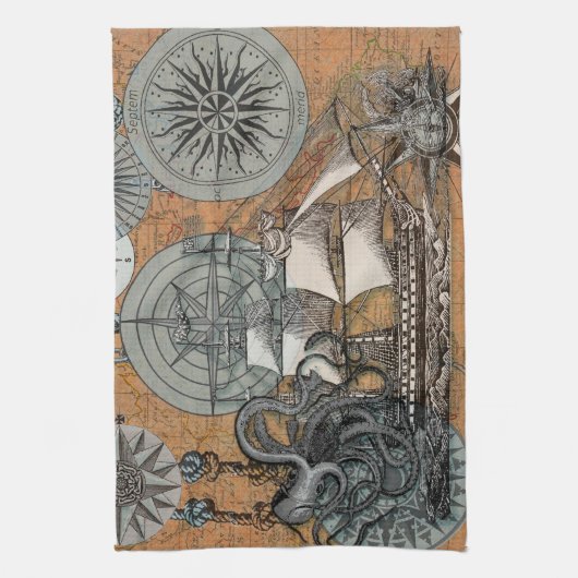 Kompas Roos  nautische octopus Theedoek (Verticaal)