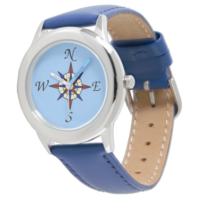 Kompas Roos op blauw Horloge (Gekanteld)