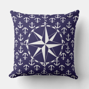 Kompas Wit en Blauw Maritiem Anker Patroon Buitenkussen