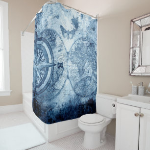 kompasdecor Nautisch overzicht blauwe grunge Douchegordijn