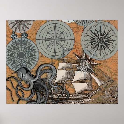 Kompasroos Vintage Nautilus Octopus Schip Poster (Voorkant)